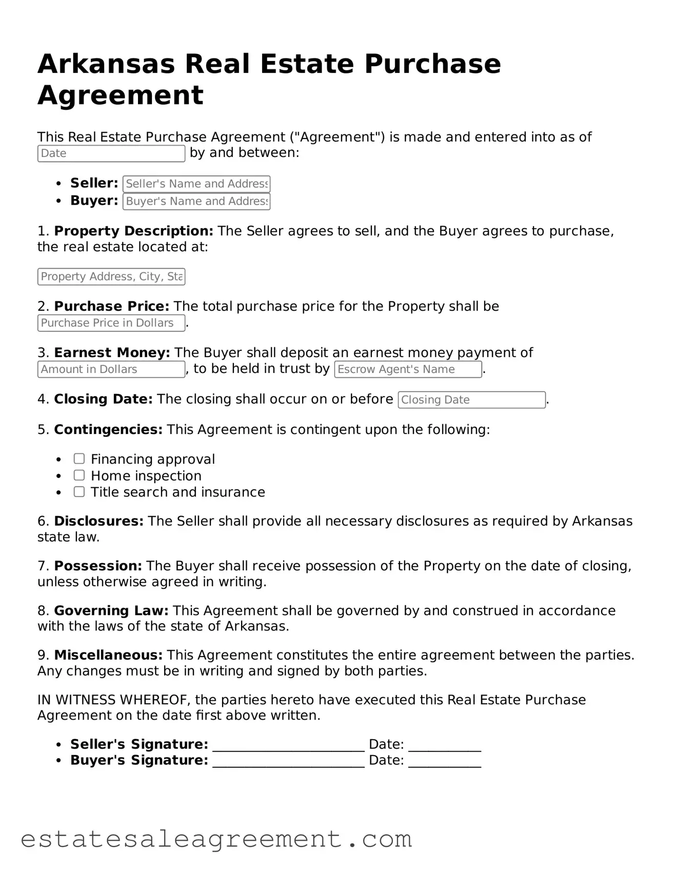 Attorney-Approved Real Estate Purchase Agreement Form for Arkansas