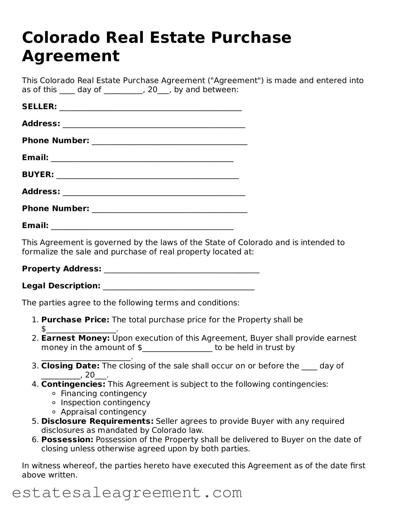 Attorney-Approved  Real Estate Purchase Agreement Form for Colorado