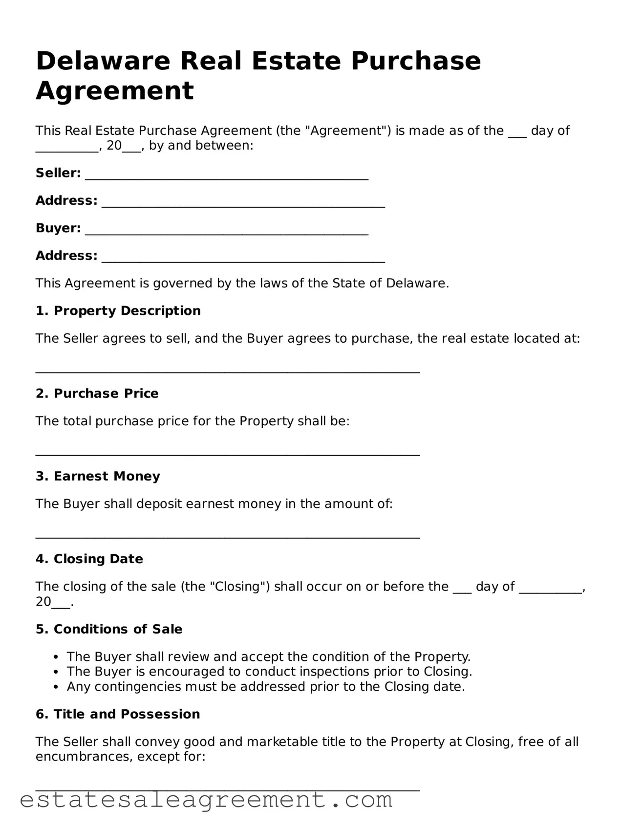 Attorney-Approved  Real Estate Purchase Agreement Form for Delaware