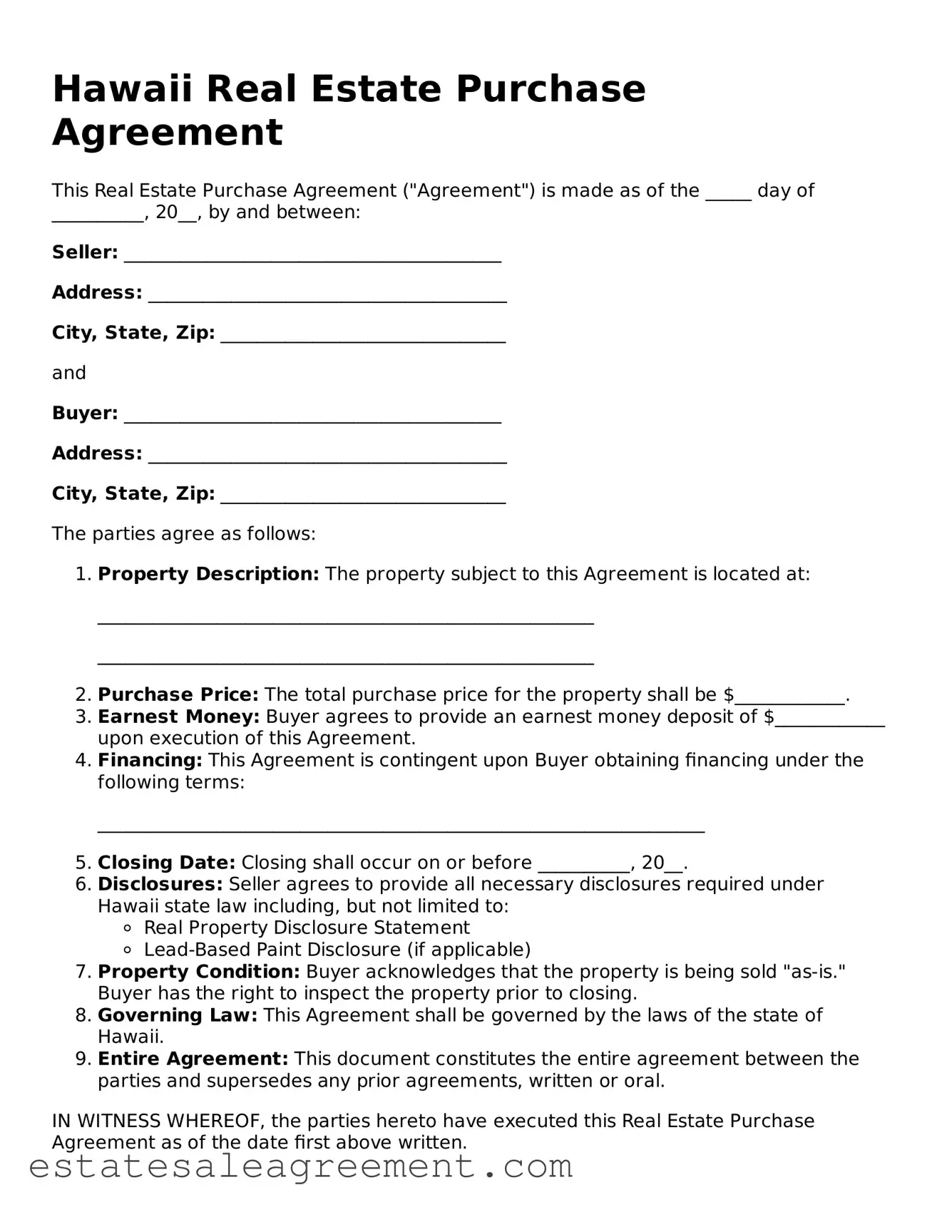 Attorney-Approved  Real Estate Purchase Agreement Form for Hawaii