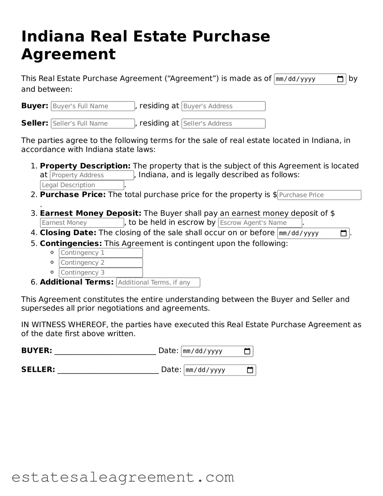 Attorney-Approved  Real Estate Purchase Agreement Form for Indiana