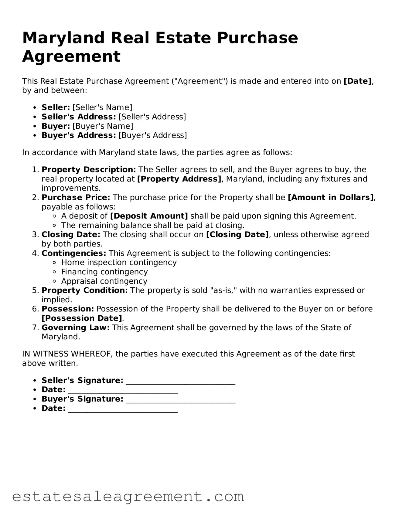 Attorney-Approved  Real Estate Purchase Agreement Form for Maryland