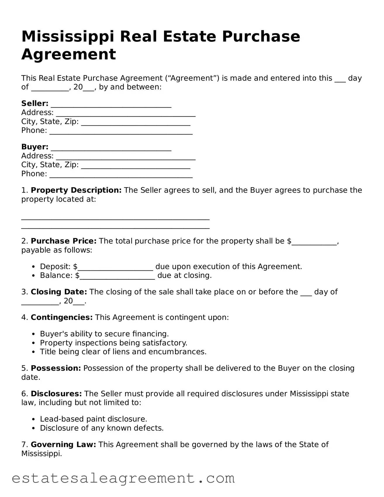 Attorney-Approved  Real Estate Purchase Agreement Form for Mississippi