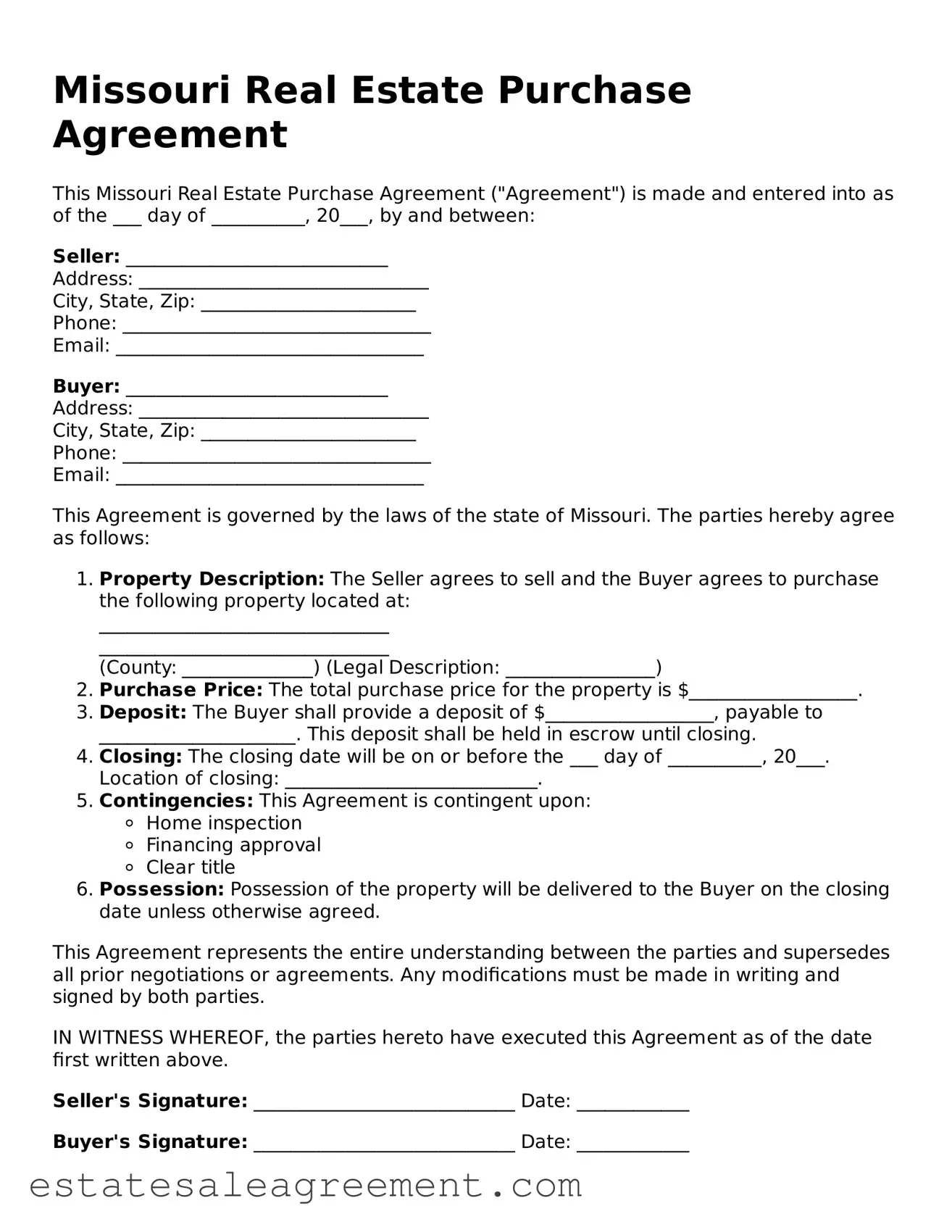 Attorney-Approved  Real Estate Purchase Agreement Form for Missouri