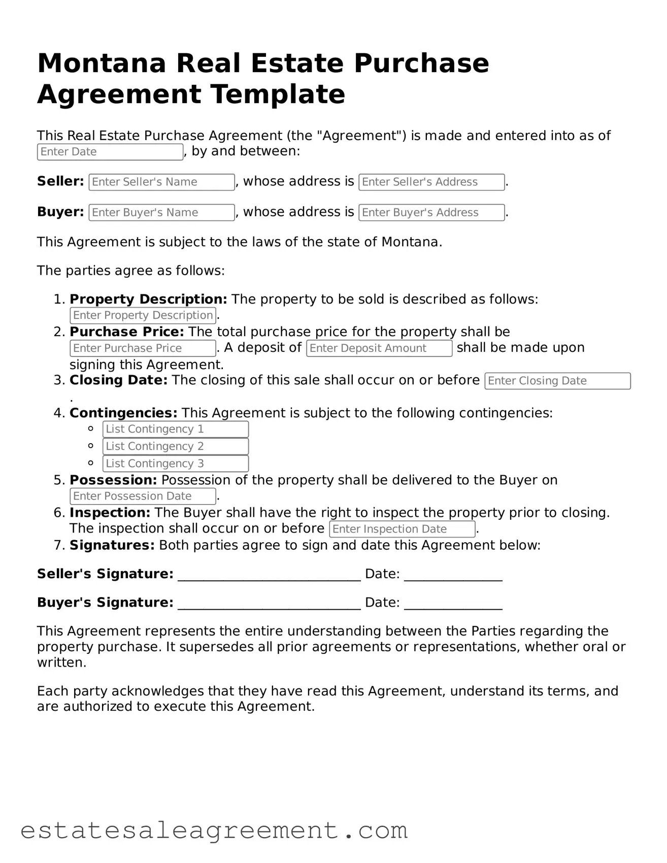 Attorney-Approved  Real Estate Purchase Agreement Form for Montana