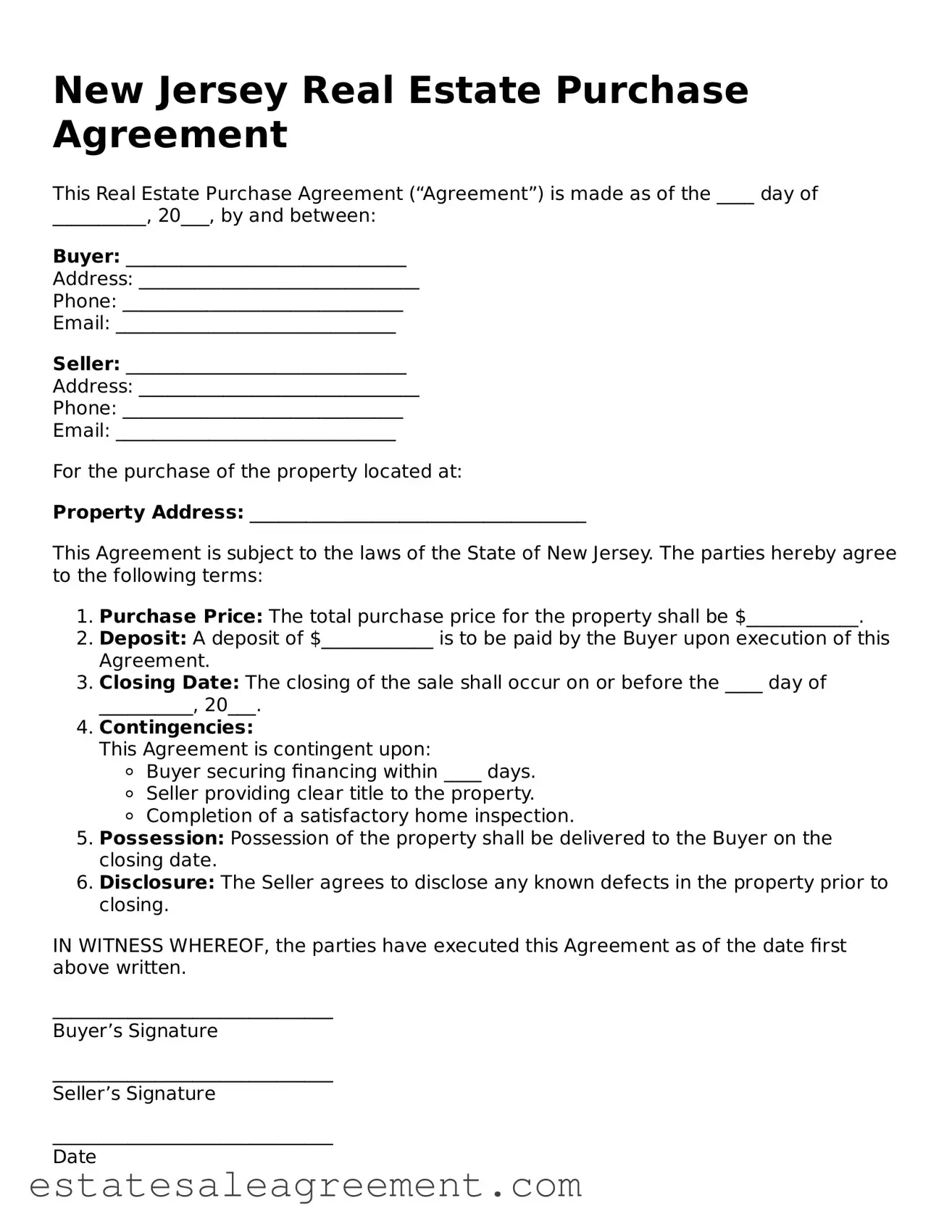 Attorney-Approved  Real Estate Purchase Agreement Form for New Jersey