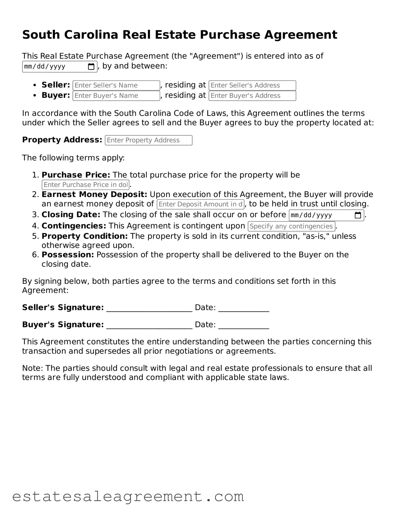 Attorney-Approved  Real Estate Purchase Agreement Form for South Carolina