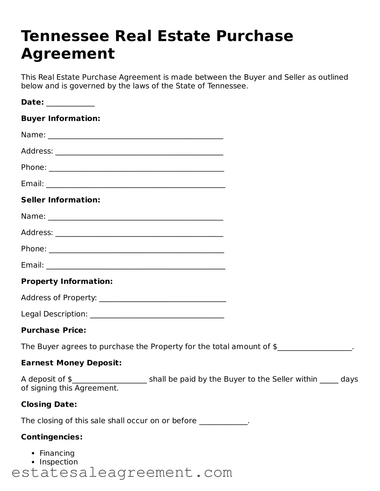 Attorney-Approved  Real Estate Purchase Agreement Form for Tennessee