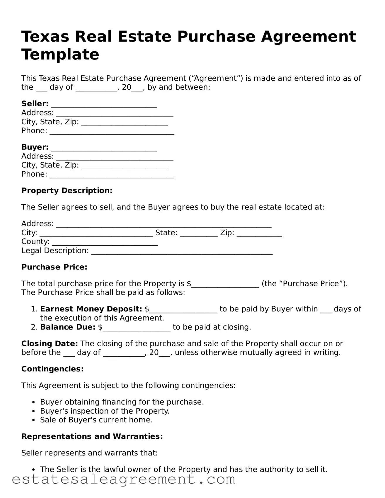 Attorney-Approved  Real Estate Purchase Agreement Form for Texas
