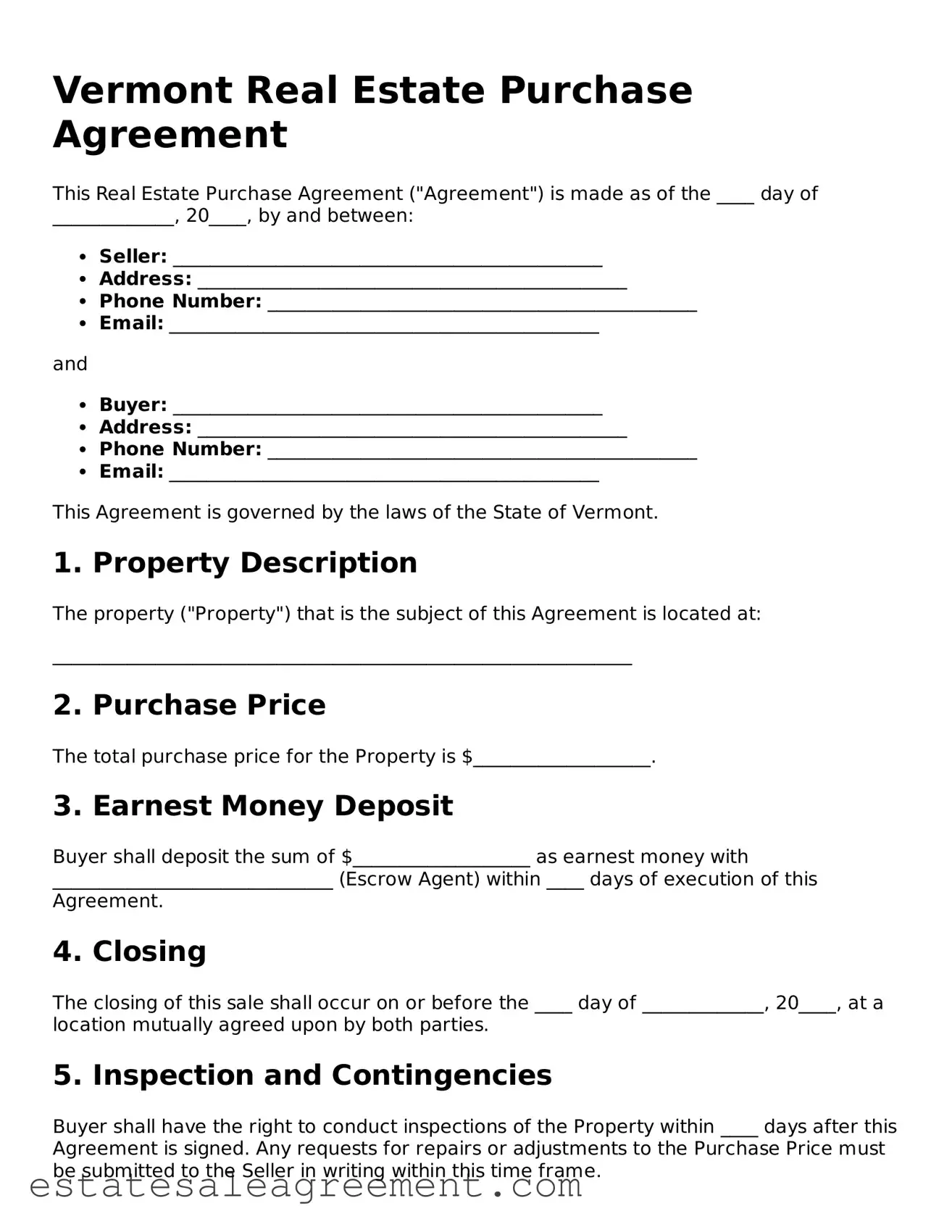 Attorney-Approved  Real Estate Purchase Agreement Form for Vermont