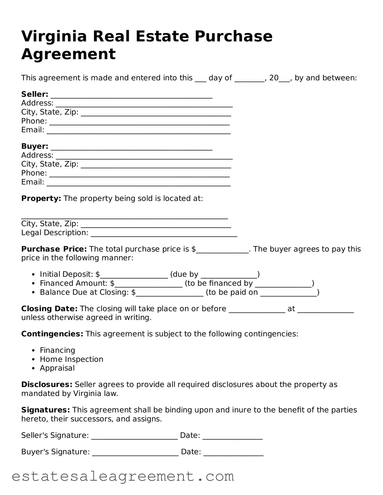 Attorney-Approved  Real Estate Purchase Agreement Form for Virginia