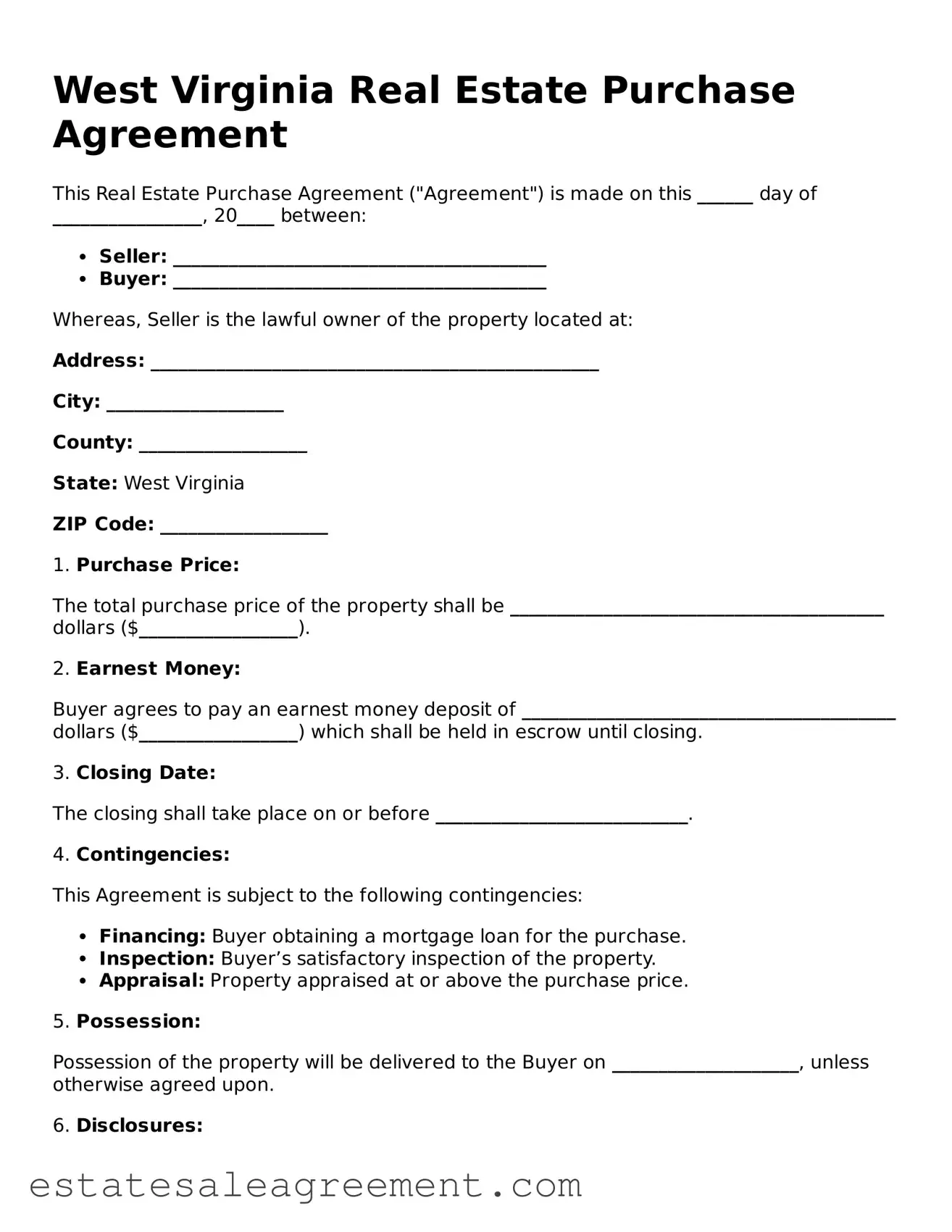 Attorney-Approved  Real Estate Purchase Agreement Form for West Virginia